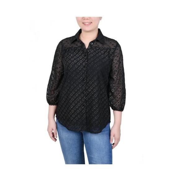 Notations Women's 3/4 Sleeve Foiled Jacquard Chiffon Blouse in Black & Gold - Picture 9 of 10